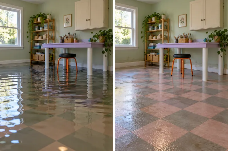 Water Extraction Near Miller Park — same room with pooled water and after collection