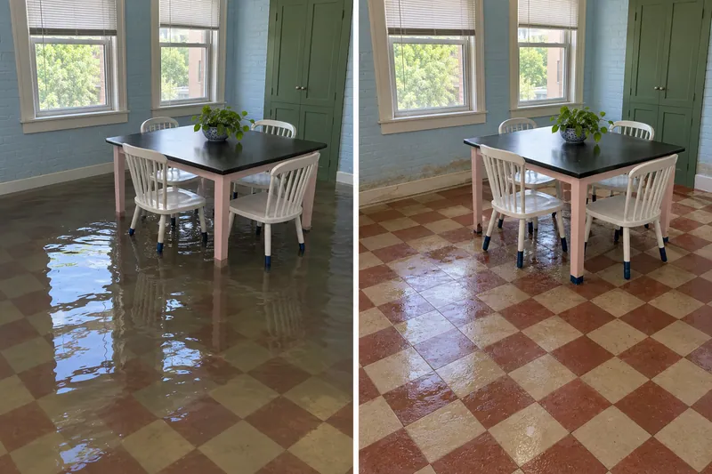Water Extraction Near Lions Park — same room with pooled water and after collection