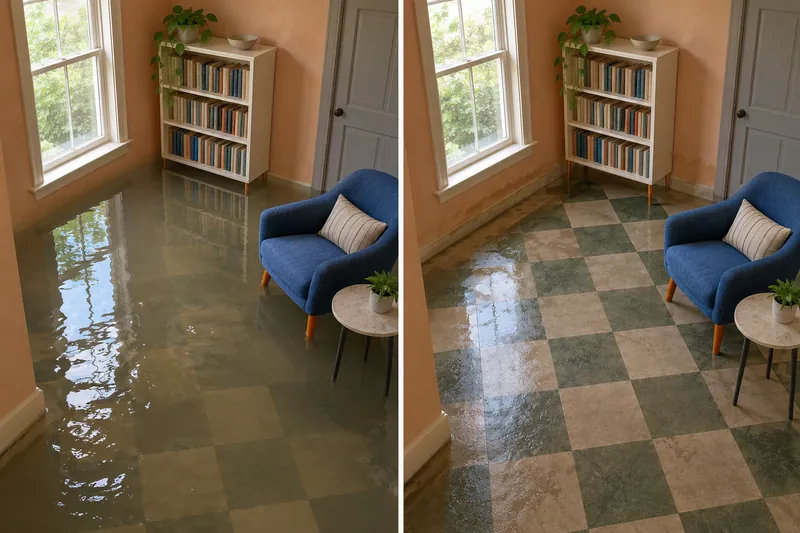 Water Extraction Near Jaycee Park — same room with pooled water and after collection
