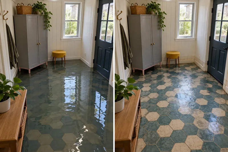 Water Extraction Near West Temple Park — same room with pooled water and after collection